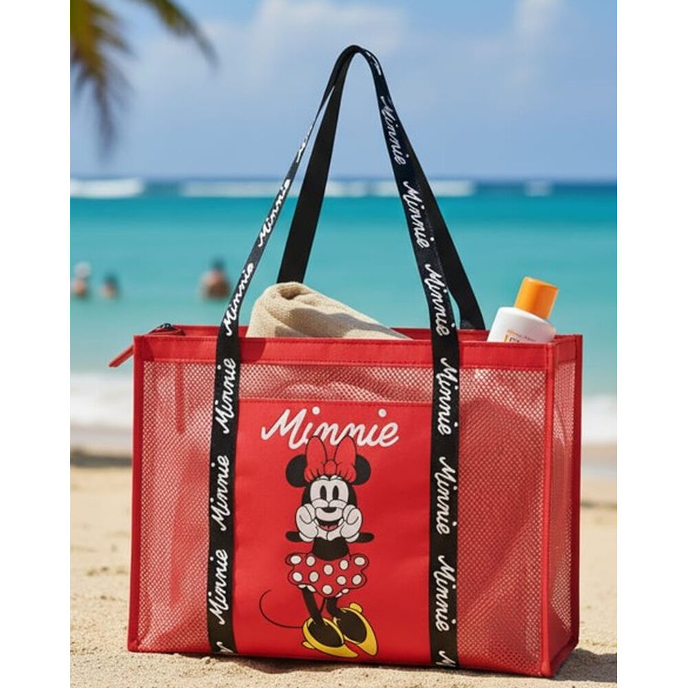 Minnie Mouse Disney, τσάντα παραλίας κόκκινη mesh με στάμπα Minnie σε παραλία με άμμο