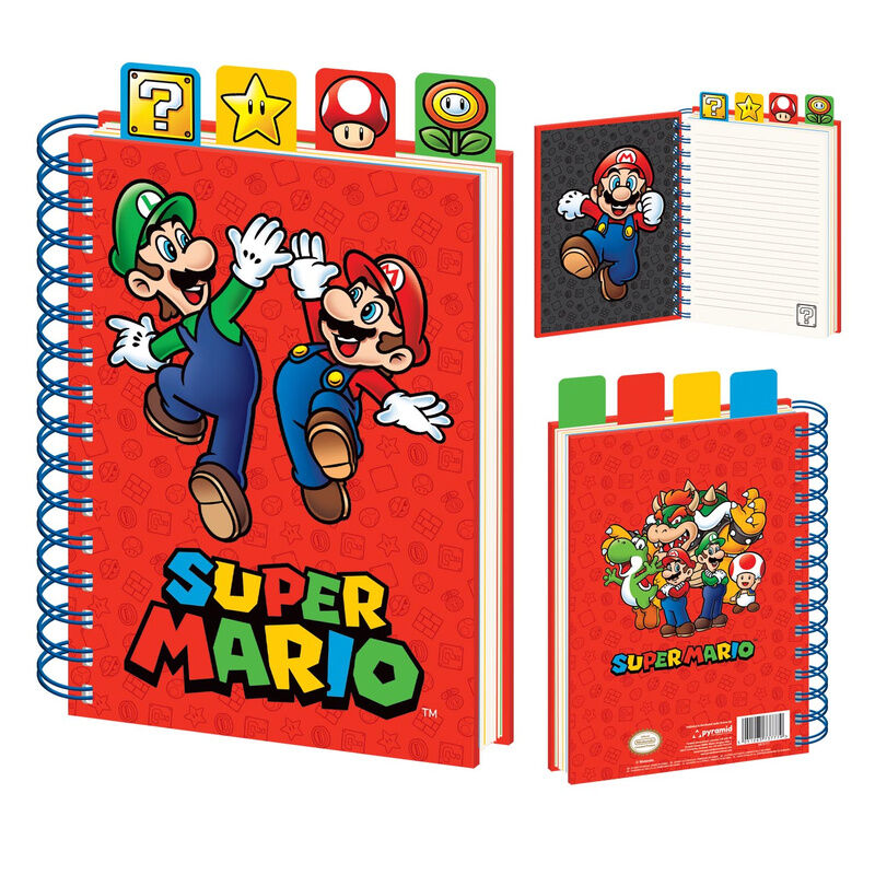 Super Mario σπιράλ σημειωματάριο, κόκκινο εξώφυλλο, Mario Luigi Bowser Yoshi, χρωματιστά διαχωριστικά