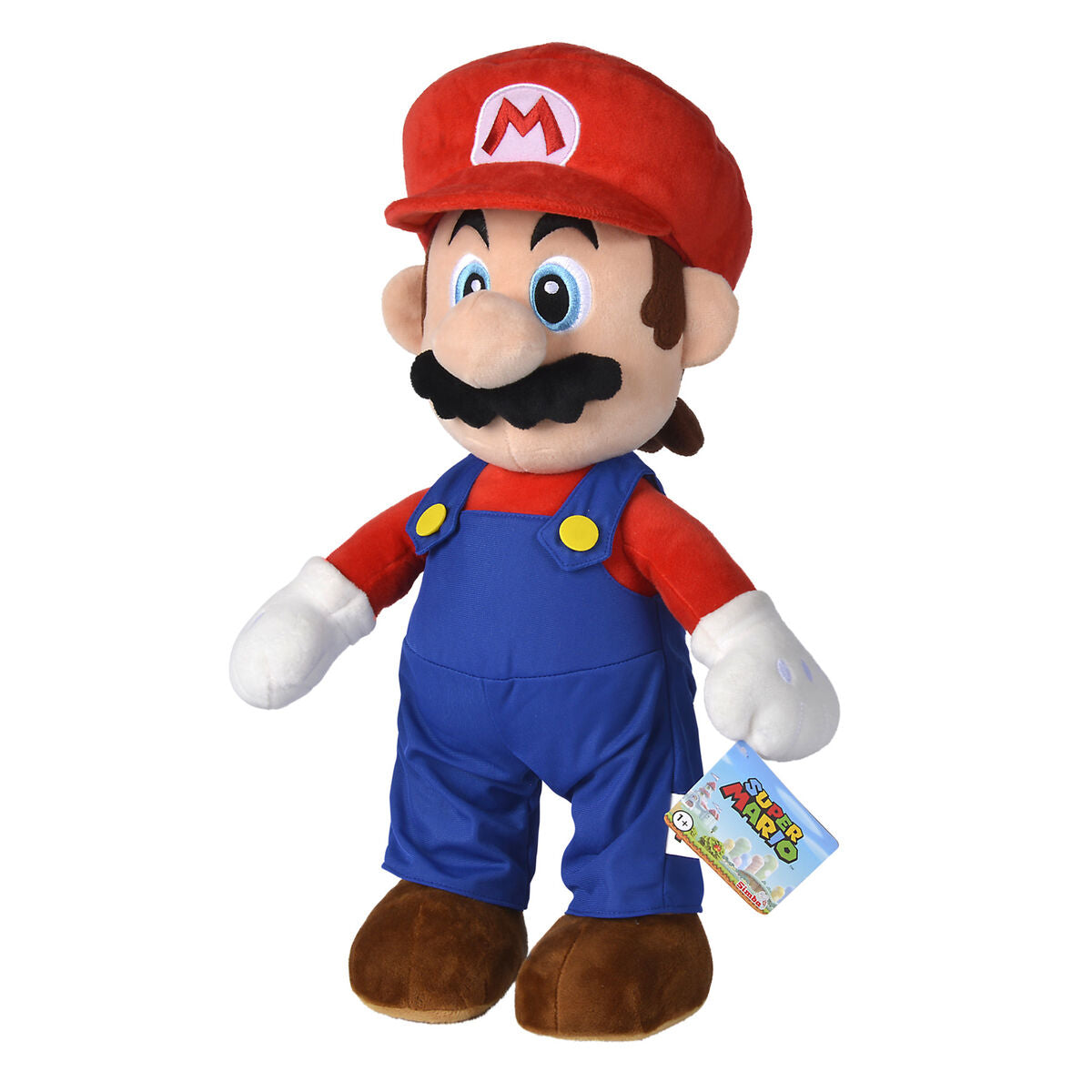 Super Mario λούτρινο παιχνίδι μπροστινή όψη, κόκκινη μπλούζα, μπλε φόρμα, κόκκινο καπέλο με M, μαύρο μουστάκι
