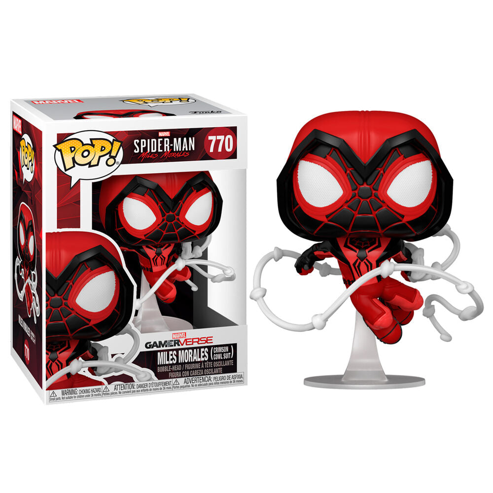 Funko Pop Miles Morales Crimson Cowl Suit #770, φιγούρα δίπλα στο κουτί, Marvel GamerVerse