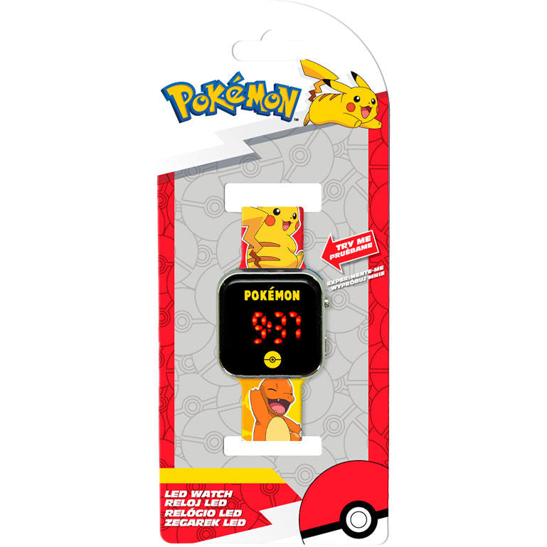 Ρολόι LED Pokémon μέσα στη συσκευασία με λογότυπο Pokémon, Pikachu και Charmander στο λουράκι