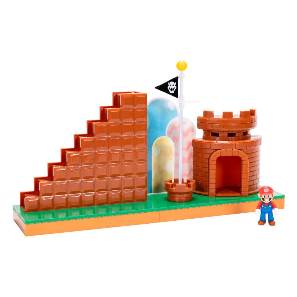 Super Mario Course Complete Playset, σκάλες τούβλων, πύργος, κόκκινη σημαία Mario, φιγούρα Mario στην πόρτα