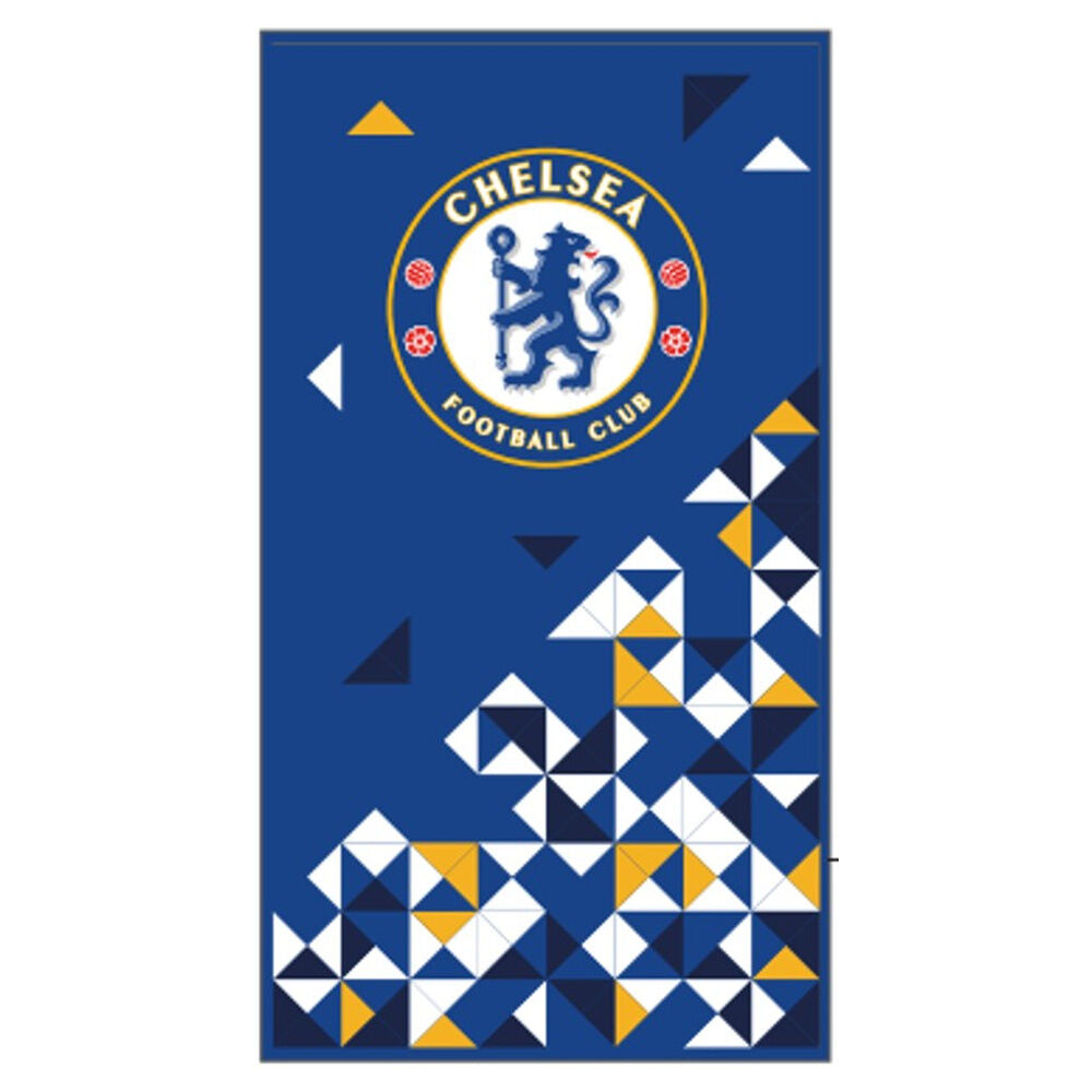 Chelsea FC, πετσέτα μπλε με έμβλημα "Chelsea Football Club" και γεωμετρικά τρίγωνα σε μπλε, λευκό, κίτρινο