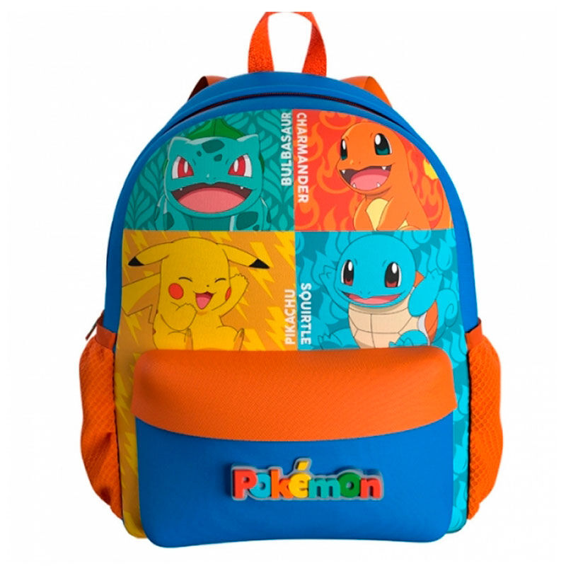 Τσάντα πλάτης Pokémon μπλε και πορτοκαλί με Bulbasaur, Charmander, Pikachu και Squirtle σε τετράγωνα