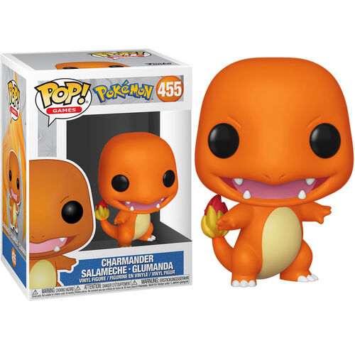 Funko Pop! Charmander #455, πορτοκαλί φιγούρα με ανοιχτό στόμα και κίτρινη κοιλιά δίπλα στο κουτί