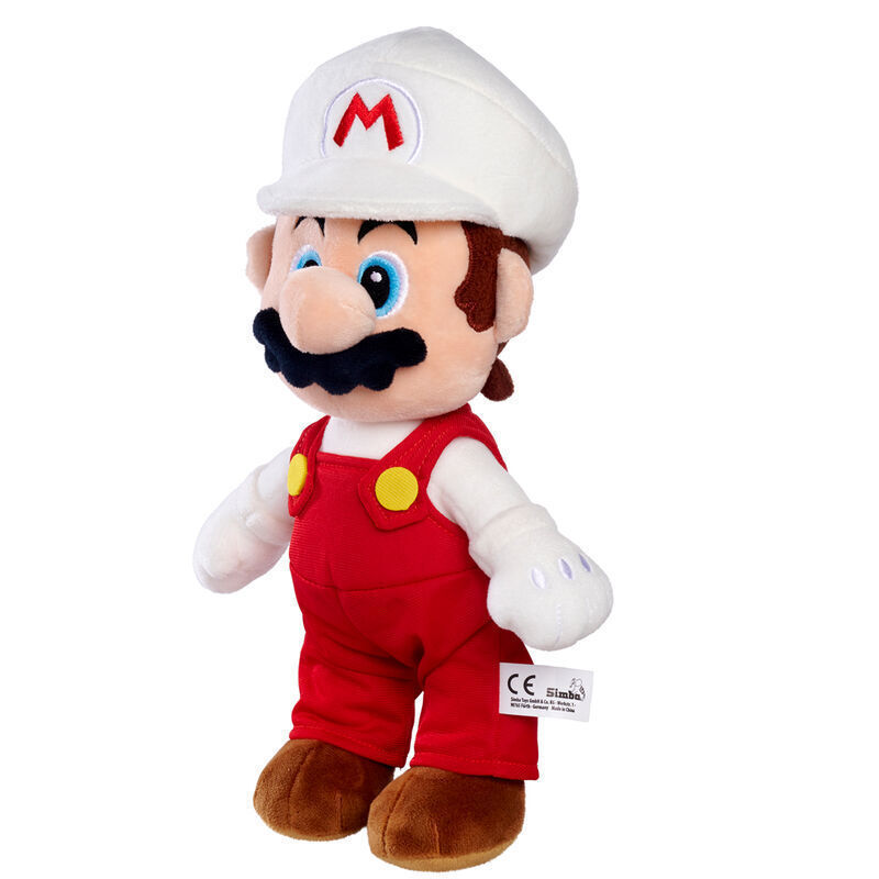 Fire Mario λούτρινο παιχνίδι πλαϊνή όψη, λευκό καπέλο με M, κόκκινη φόρμα, λευκή μπλούζα, Simba