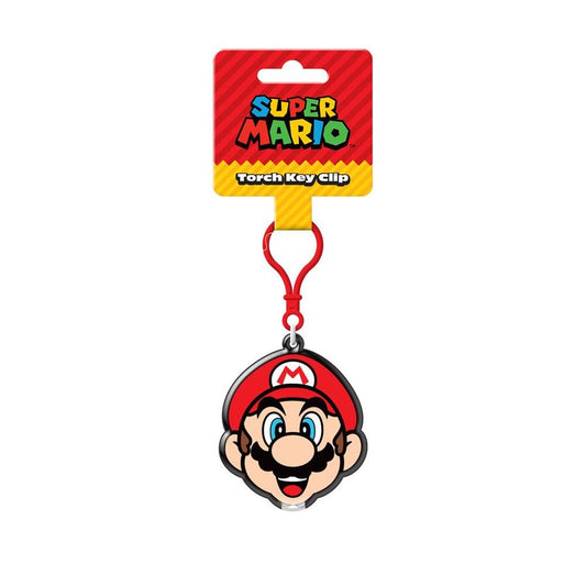 Super Mario μπρελόκ φακός, πρόσωπο Mario, κόκκινο κλιπ, κόκκινη και κίτρινη συσκευασία Torch Key Clip