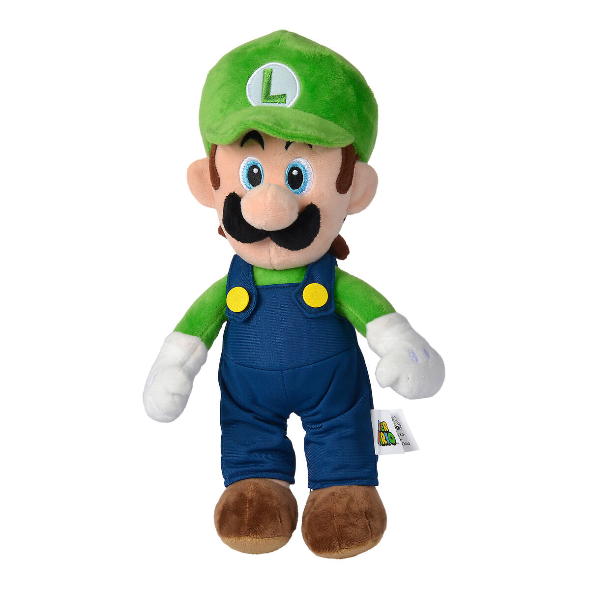Luigi λούτρινο παιχνίδι, πράσινο καπέλο με L, πράσινη μπλούζα, μπλε φόρμα, μαύρο μουστάκι, λευκά γάντια