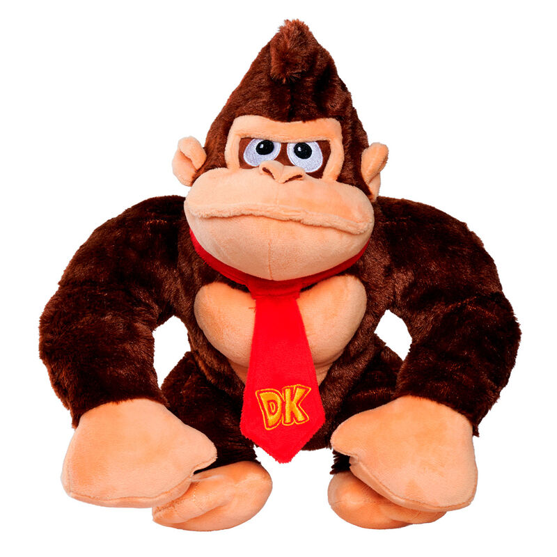 Donkey Kong λούτρινο παιχνίδι μπροστινή όψη, σκούρο καφέ σώμα, κόκκινη γραβάτα με κίτρινο DK