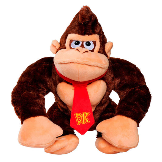 Donkey Kong λούτρινο παιχνίδι μπροστινή όψη, σκούρο καφέ σώμα, κόκκινη γραβάτα με κίτρινο DK