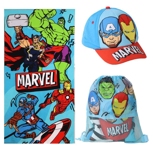 Σετ Παραλίας Avengers, πετσέτα κόμικ Thor Hulk Captain America Iron Man, καπέλο μπλε κόκκινο, τσάντα mesh