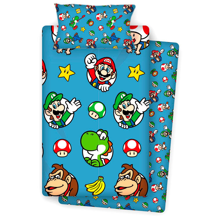 Super Mario παιδικό σετ κλινοσκεπασμάτων, μπλε φόντο, Mario Luigi Yoshi Donkey Kong Toad, κίτρινα αστέρια