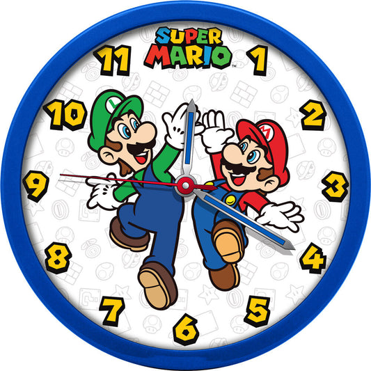 Super Mario ρολόι τοίχου, μπλε πλαίσιο, Mario και Luigi τρέχουν, κίτρινοι αριθμοί, λευκό καντράν