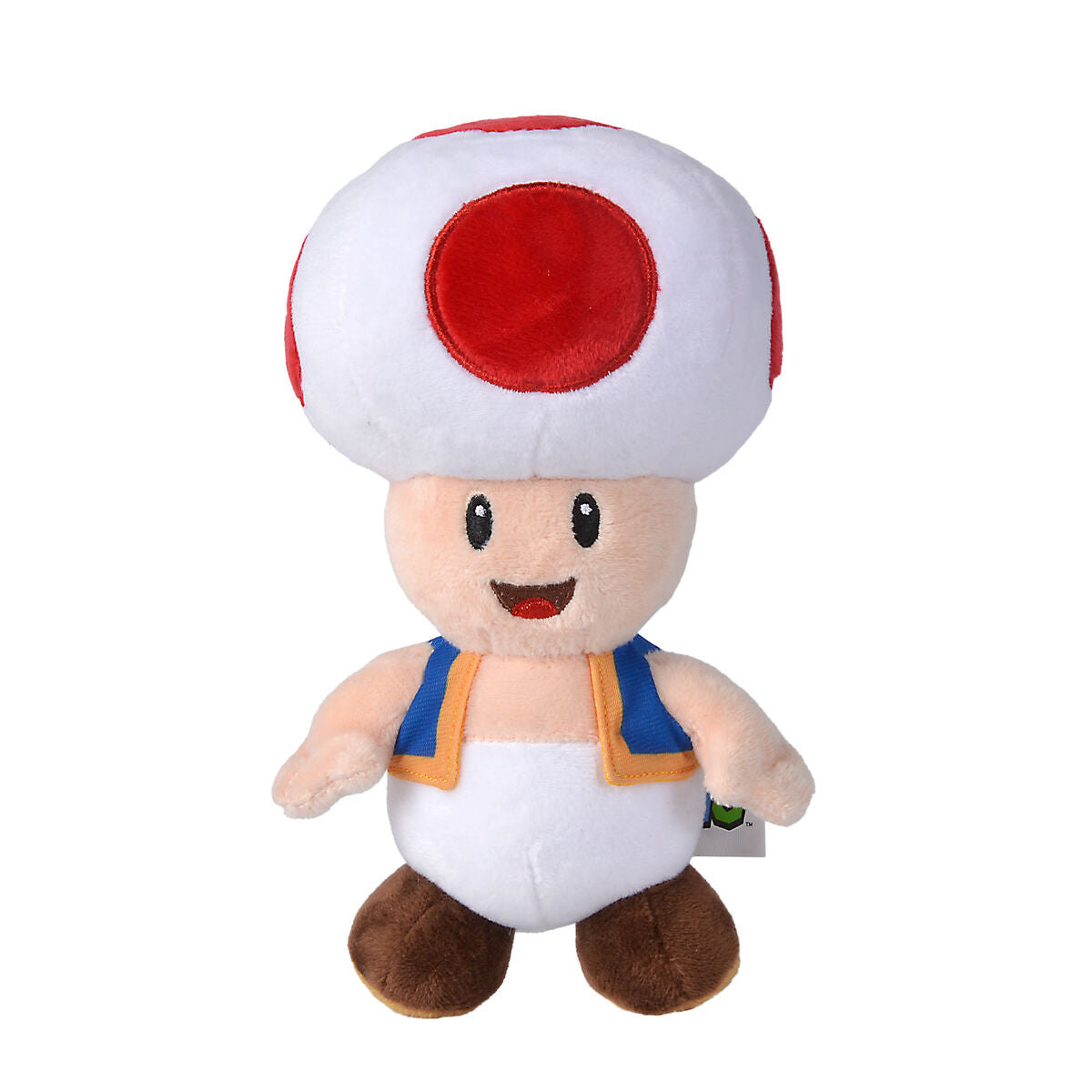 Toad λούτρινο παιχνίδι, λευκό καπέλο μανιταριού με κόκκινη κηλίδα, λευκή φόρμα, μπλε γιλέκο με πορτοκαλί ρέλι