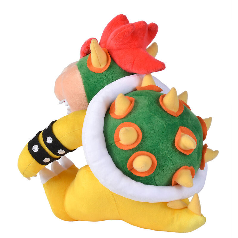 Bowser λούτρινο παιχνίδι πίσω όψη, κίτρινο σώμα, πράσινη κέλυφος με πορτοκαλί αγκάθια, κόκκινα μαλλιά