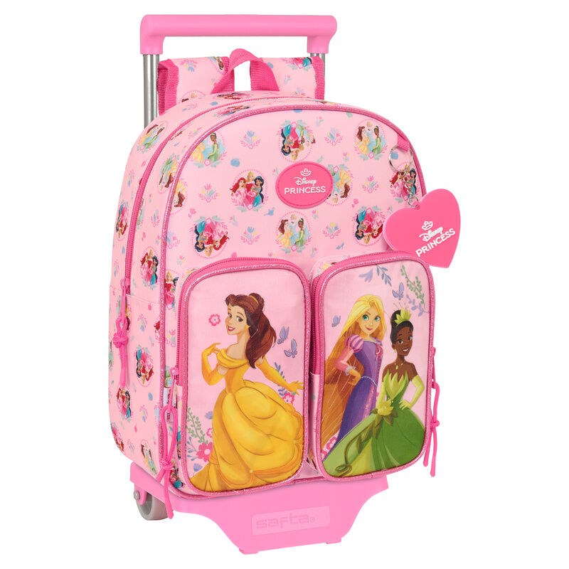 Disney Princess Safta, τρόλεϊ σχολική τσάντα ροζ με Belle, Rapunzel, Tiana και μπρελόκ καρδιά