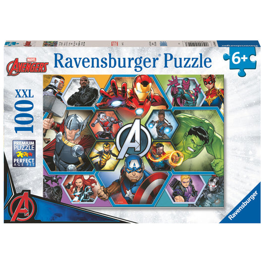 Παζλ Avengers XXL 100 Κομμάτια 49x36cm, κουτί Ravensburger, Iron Man Captain America Hulk Thor