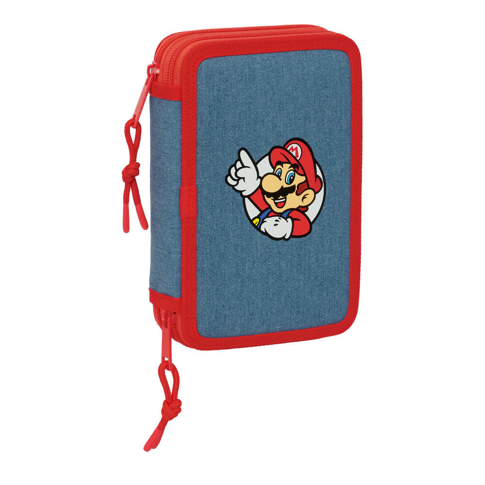 Super Mario κασετίνα Safta διπλή μπροστινή όψη, μπλε ύφασμα, κόκκινη ρίγα, Mario patch, κόκκινο φερμουάρ