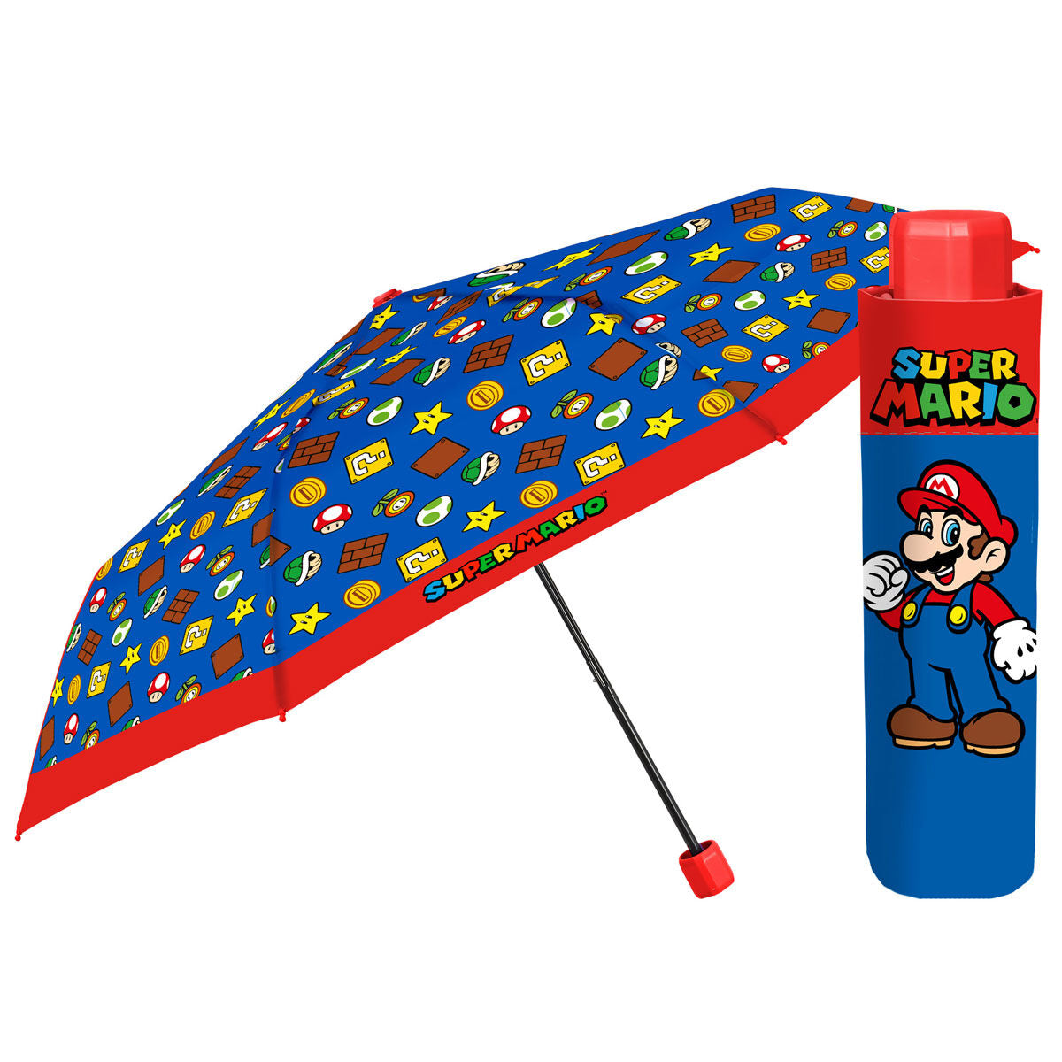Super Mario παιδική ομπρέλα ανοιχτή, μπλε φόντο, νομίσματα αστέρια μανιτάρια, κόκκινη θήκη Mario