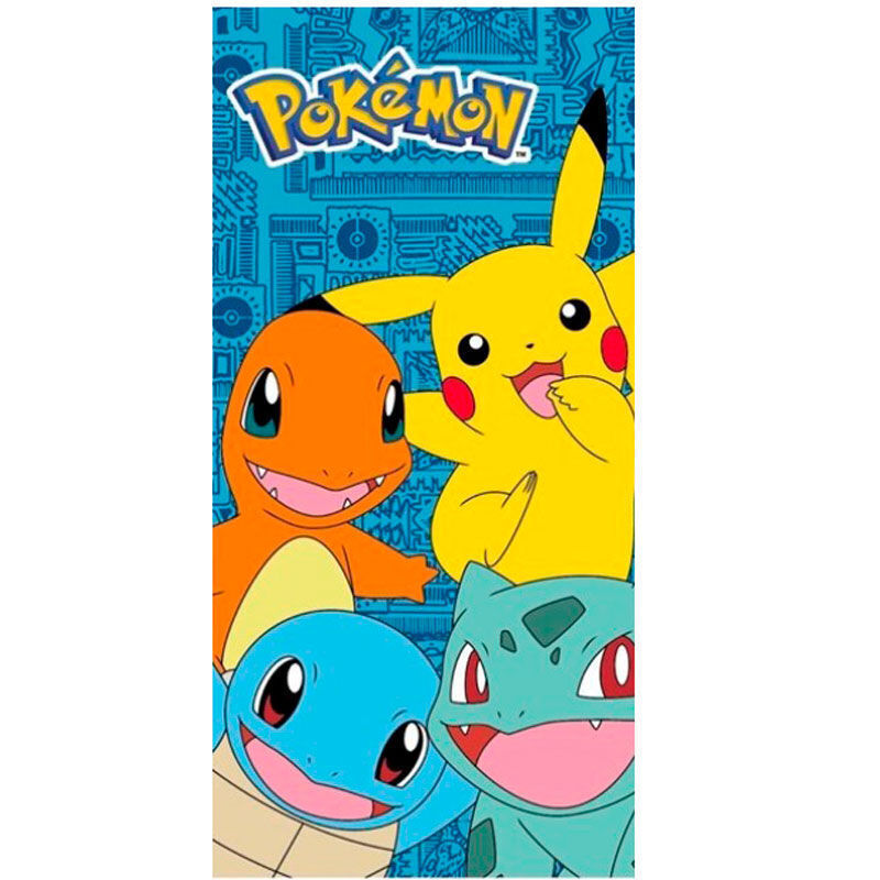 Παιδική πετσέτα θαλάσσης Pokémon με Charmander, Pikachu, Squirtle και Bulbasaur σε μπλε φόντο