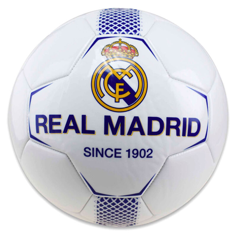 Μπάλα ποδοσφαίρου Real Madrid λευκή με μπλε σχέδια, έμβλημα και επιγραφή "Since 1902"