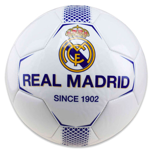 Μπάλα ποδοσφαίρου Real Madrid λευκή με μπλε σχέδια, έμβλημα και επιγραφή "Since 1902"