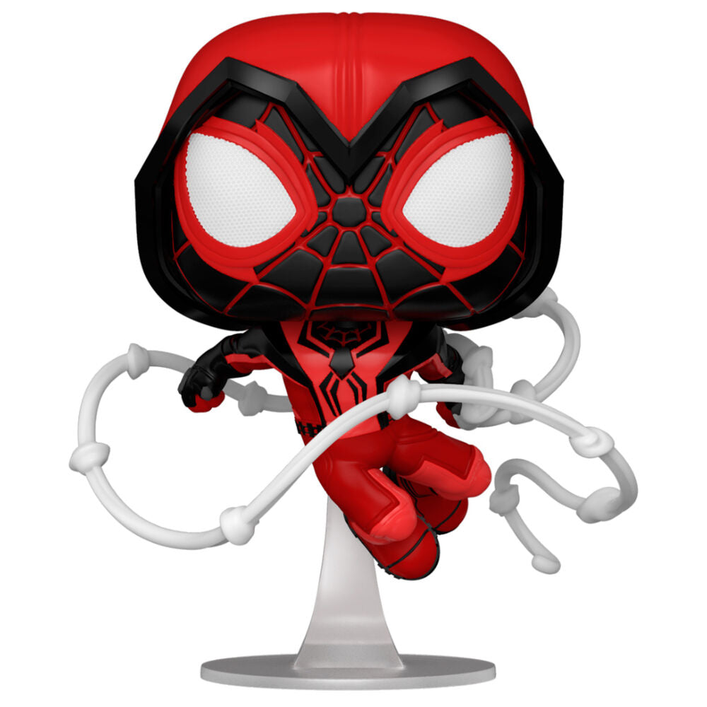 Funko Pop Miles Morales Crimson Cowl Suit #770, κόκκινη μαύρη στολή με κουκούλα, λευκοί ιστοί