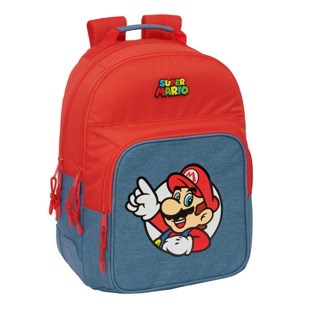 Super Mario σχολική τσάντα μπροστινή όψη, κόκκινο και μπλε ύφασμα, Mario patch, Super Mario logo