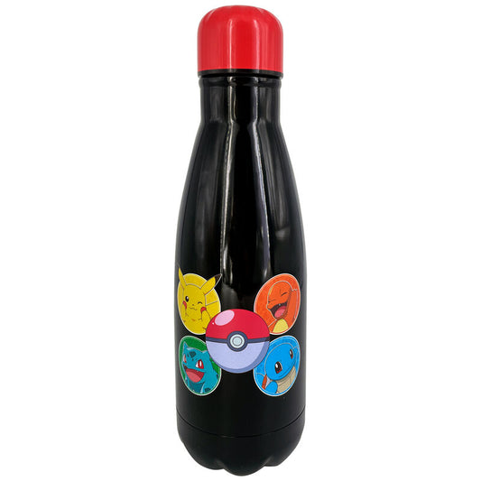 Παγούρι Pokémon μαύρο μεταλλικό με κόκκινο καπάκι, Pikachu, Charmander, Bulbasaur, Squirtle και Pokeball