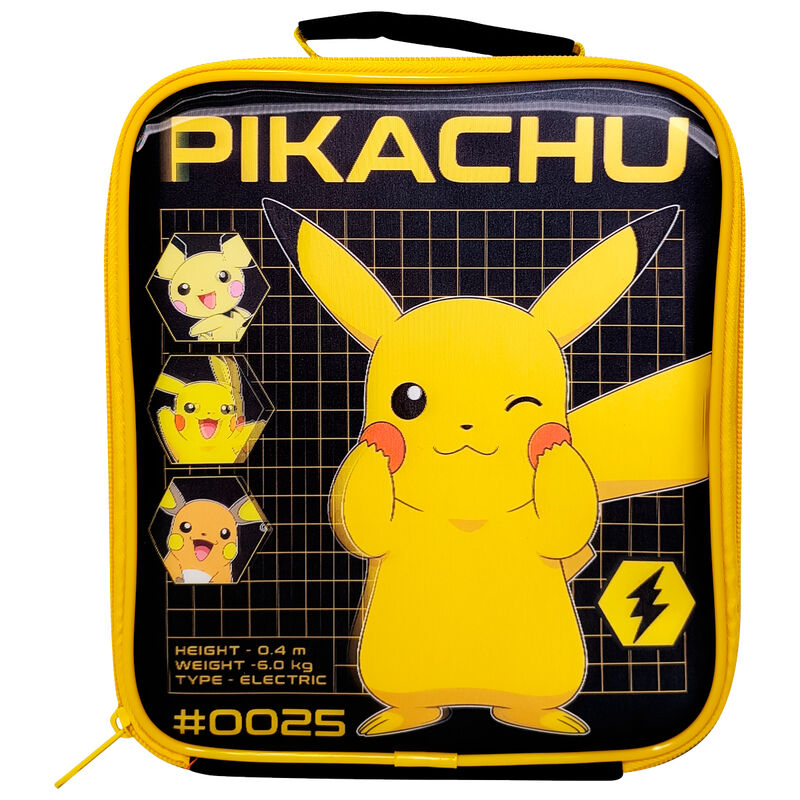 Τσάντα φαγητού Pokémon μαύρη με Pikachu που κλείνει το μάτι, Pichu, Raichu και κείμενο PIKACHU #0025