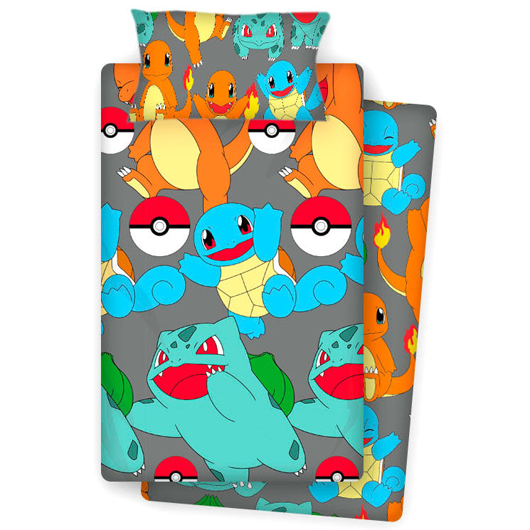 Παπλωματοθήκη Pokémon με Charmander, Squirtle και Bulbasaur με Pokeball σε γκρι φόντο