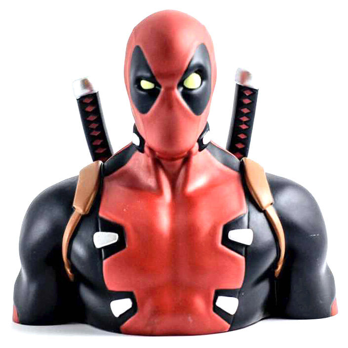 Κουμπαράς Deadpool Marvel bust 20cm, μπροστά, κόκκινη μαύρη στολή, κίτρινα μάτια, δύο Katana σπαθιά