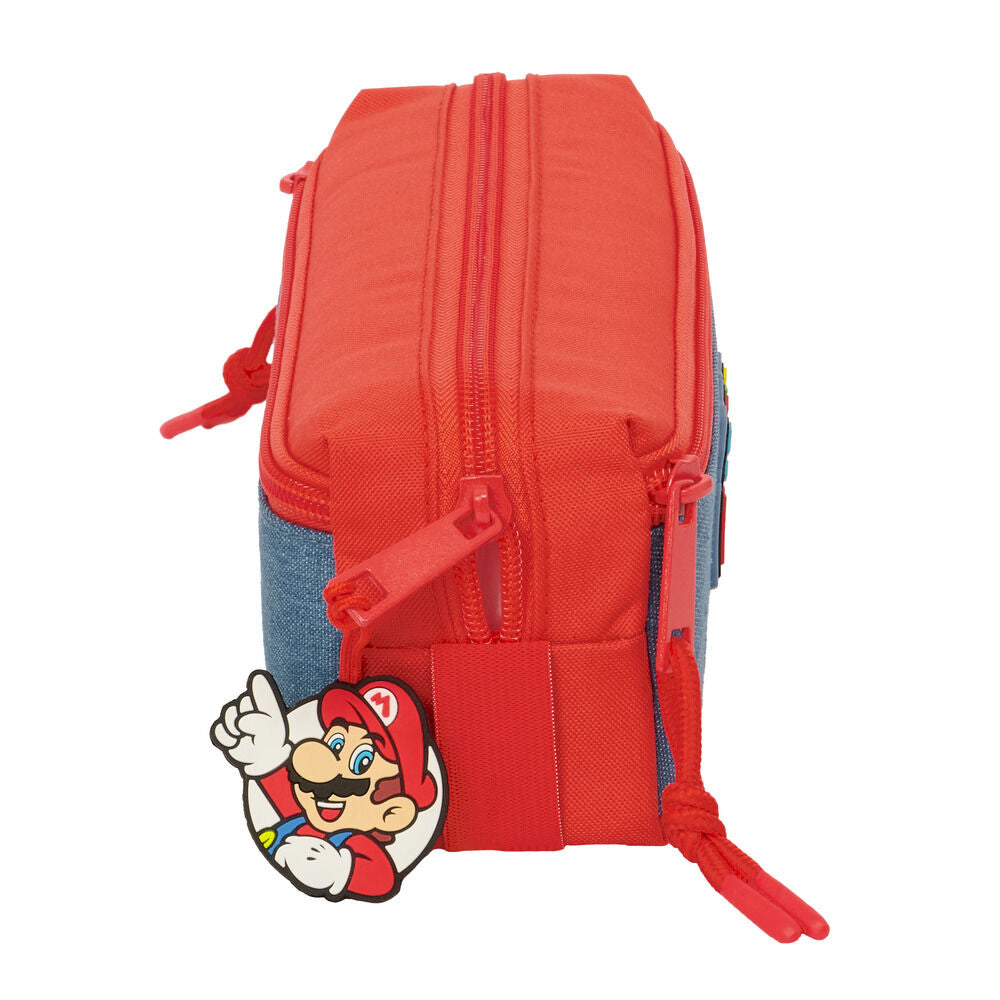 Super Mario κασετίνα διπλή πλαϊνή όψη, κόκκινο και μπλε ύφασμα, δύο κόκκινα φερμουάρ, καουτσούκ μενταγιόν Mario