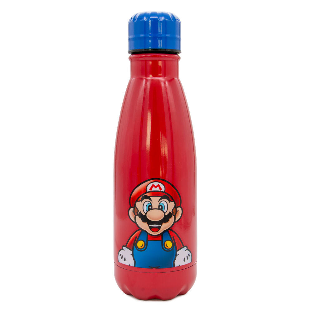 Super Mario ανοξείδωτο παγούρι μπροστινή όψη, κόκκινο σώμα, μπλε καπάκι, Mario ολόσωμος χαμογελά