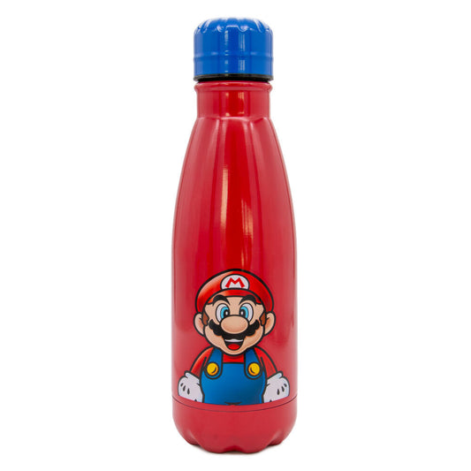 Super Mario ανοξείδωτο παγούρι μπροστινή όψη, κόκκινο σώμα, μπλε καπάκι, Mario ολόσωμος χαμογελά