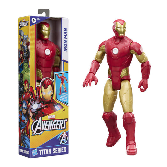 Φιγούρα Iron Man Titan Series 30cm, κόκκινη χρυσή πανοπλία, αρθρωτή, δίπλα στο κουτί Hasbro Avengers