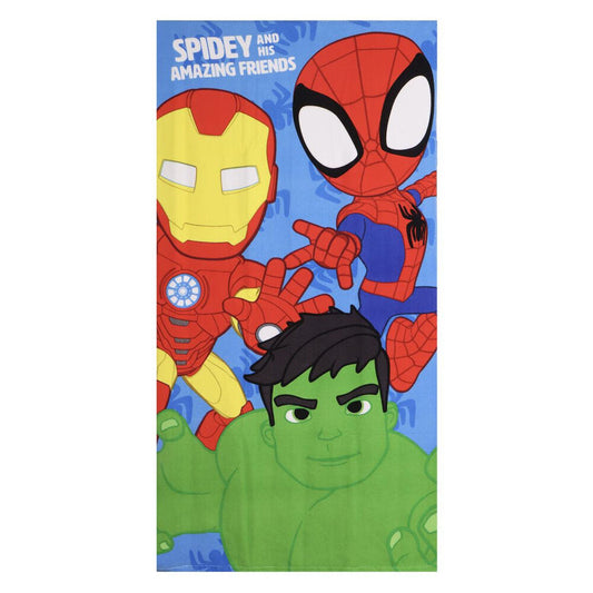Πετσέτα Θαλάσσης Spidey & Friends 70x140cm, μπλε, Spidey Iron Man Hulk, Amazing Friends κείμενο