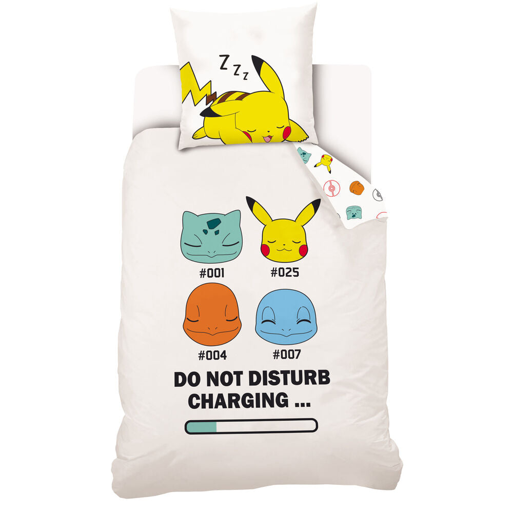 Παπλωματοθήκη Pokémon με κοιμισμένο Pikachu, Bulbasaur, Charmander, Squirtle και κείμενο DO NOT DISTURB CHARGING
