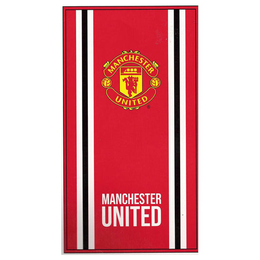 Manchester United, πετσέτα κόκκινη με λευκές-μαύρες ρίγες, έμβλημα και επιγραφή "MANCHESTER UNITED"