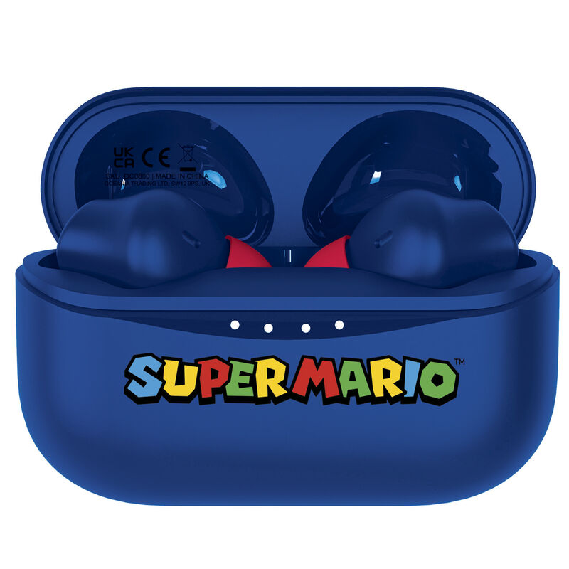 Super Mario ασύρματα ακουστικά μπλε θήκη ανοιχτή, δύο ακουστικά, κόκκινες λεπτομέρειες, Super Mario logo
