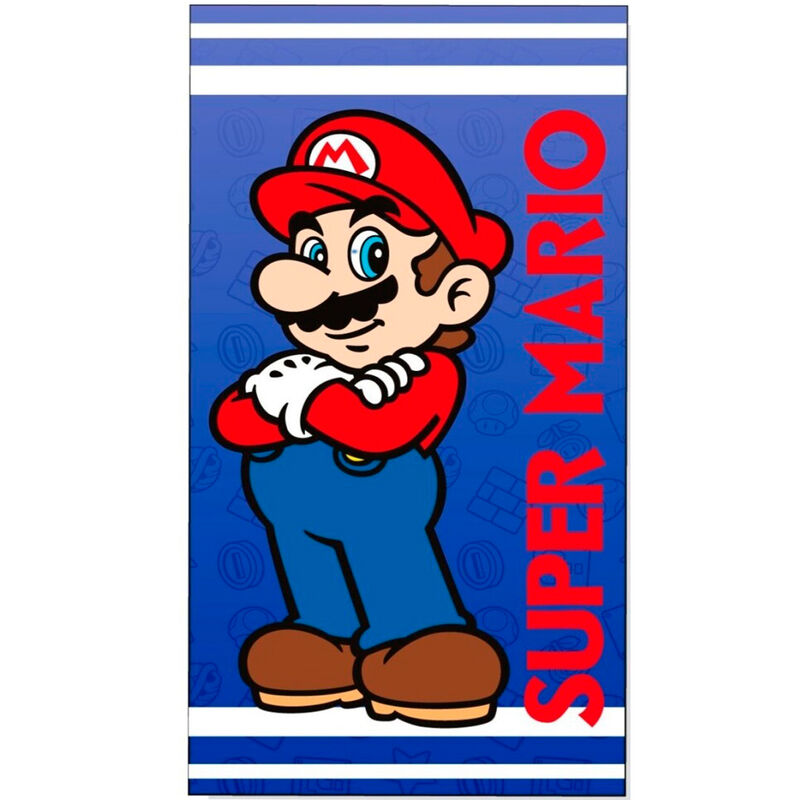 Super Mario παιδική πετσέτα θαλάσσης, μπλε φόντο, Mario σταυρωτά χέρια, κόκκινο Super Mario logo