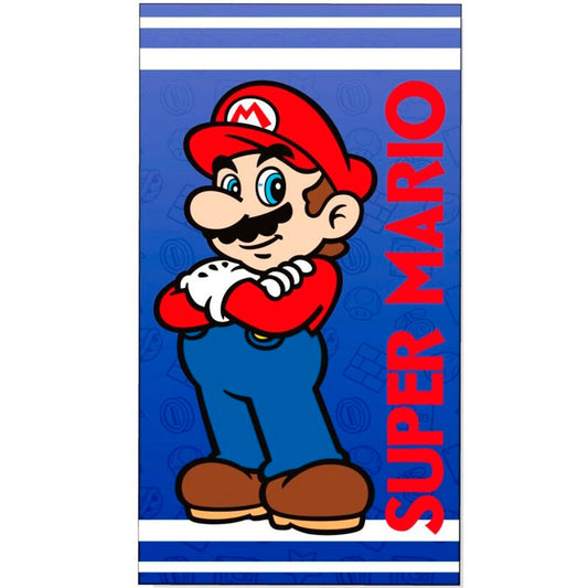 Super Mario παιδική πετσέτα θαλάσσης, μπλε φόντο, Mario σταυρωτά χέρια, κόκκινο Super Mario logo