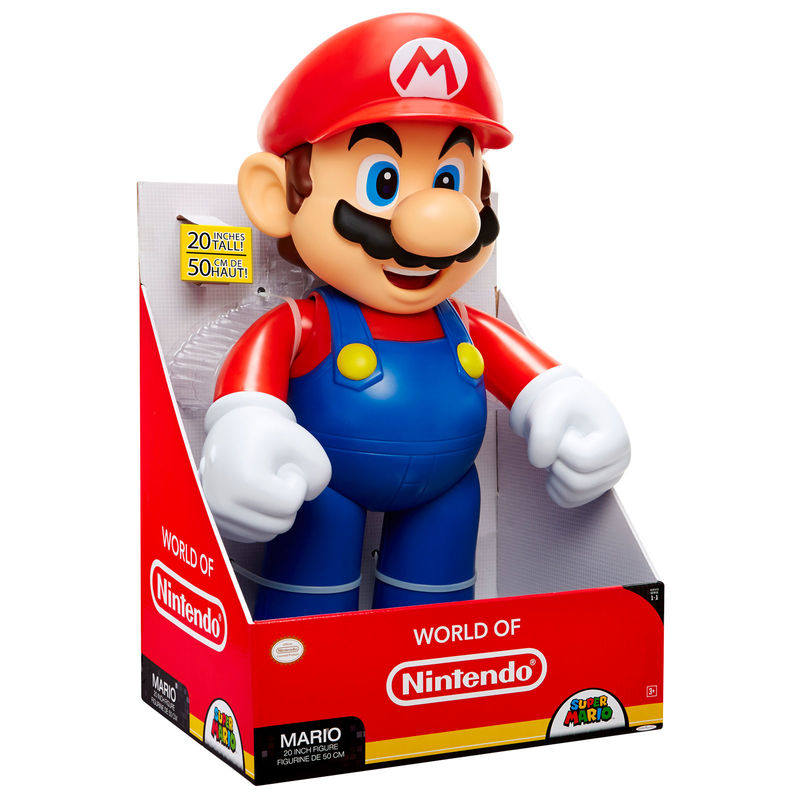 Super Mario φιγούρα 50cm πλαϊνή όψη, κόκκινο καπέλο με M, μπλε φόρμα, κόκκινη μπλούζα, World of Nintendo κουτί 