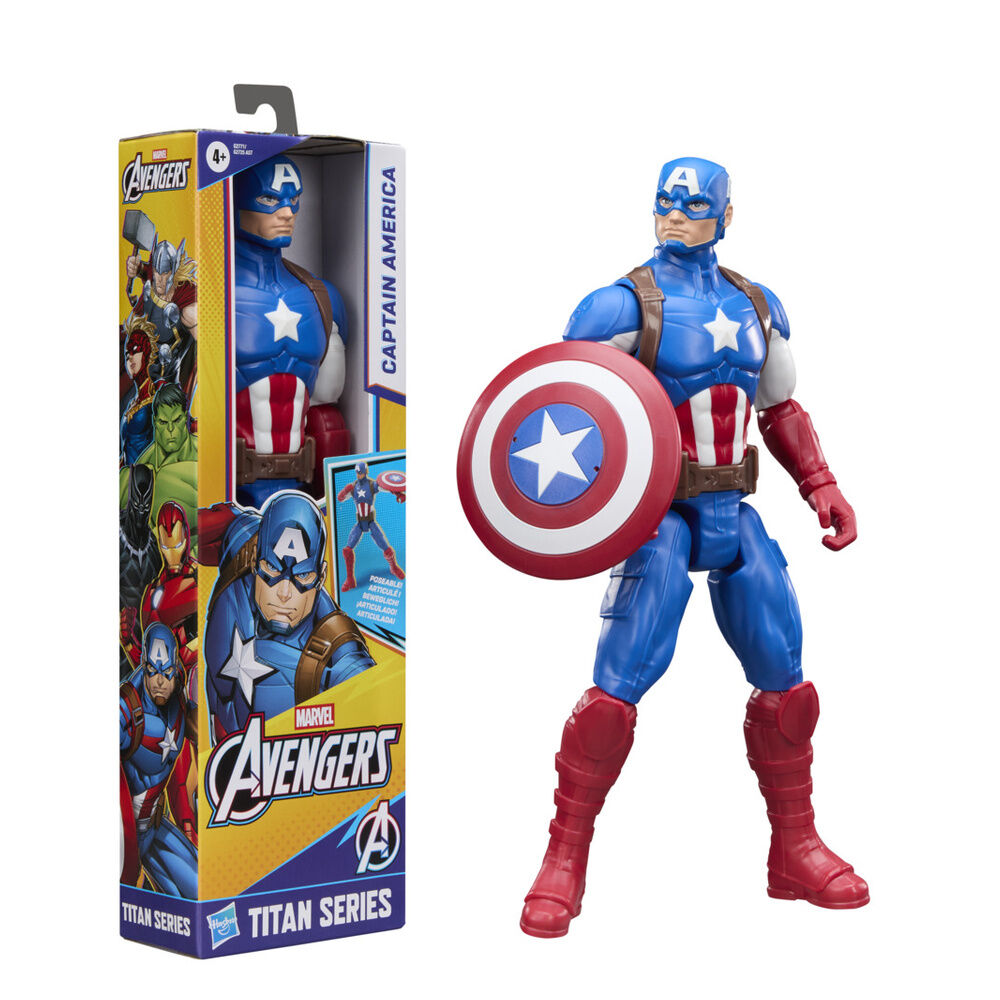 Φιγούρα Captain America Titan Series 30cm, μπλε στολή, κόκκινη ασπίδα αστέρι, αρθρωτή, δίπλα στο κουτί Hasbro