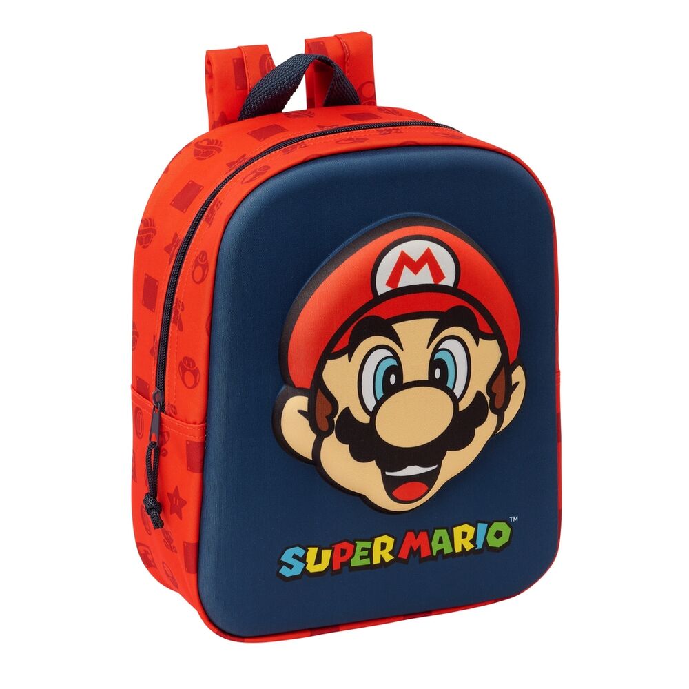 Super Mario παιδικό σακίδιο μπροστινή όψη, σκούρο μπλε και κόκκινο,3D πρόσωπο Mario, Super Mario logo