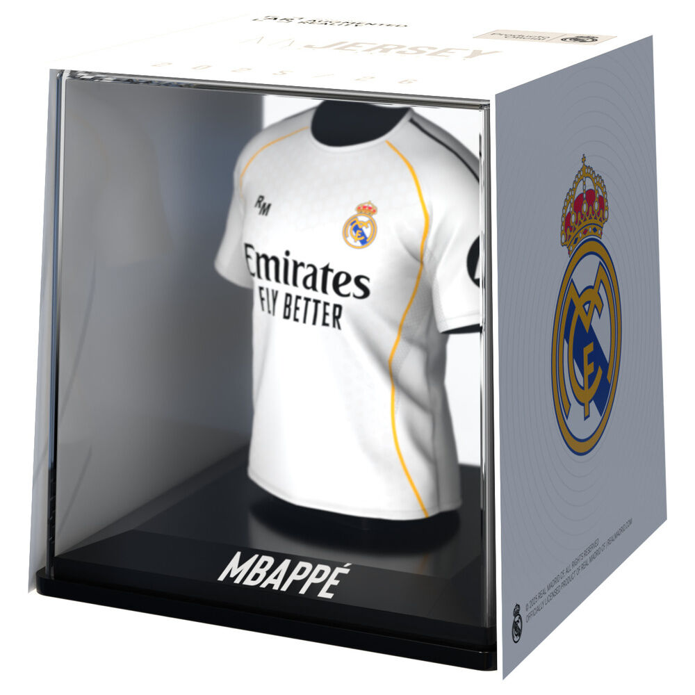 Mbappé #10 Real Madrid, μίνι φανέλα μπροστά σε ακρυλική θήκη με κουτί και έμβλημα Real Madrid