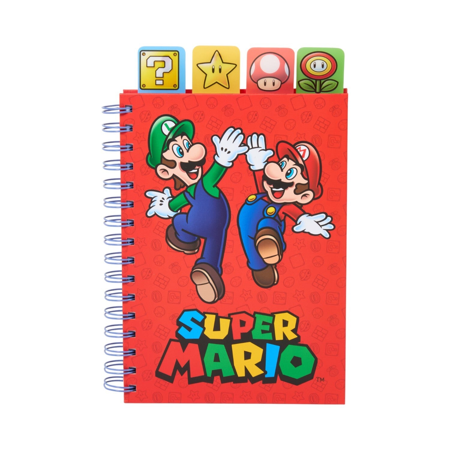 Super Mario σπιράλ σημειωματάριο μπροστινή όψη, κόκκινο εξώφυλλο, Mario και Luigi, 4 χρωματιστά διαχωριστικά 