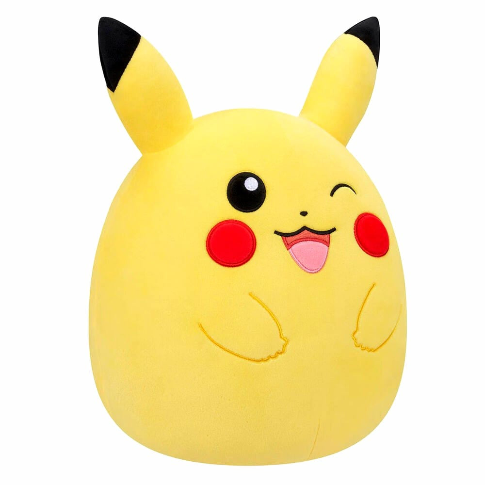 Λούτρινο Pokémon Pikachu κίτρινο με ανοιχτό μάτι, ανοιχτό στόμα και κόκκινα μάγουλα, πλαϊνή όψη