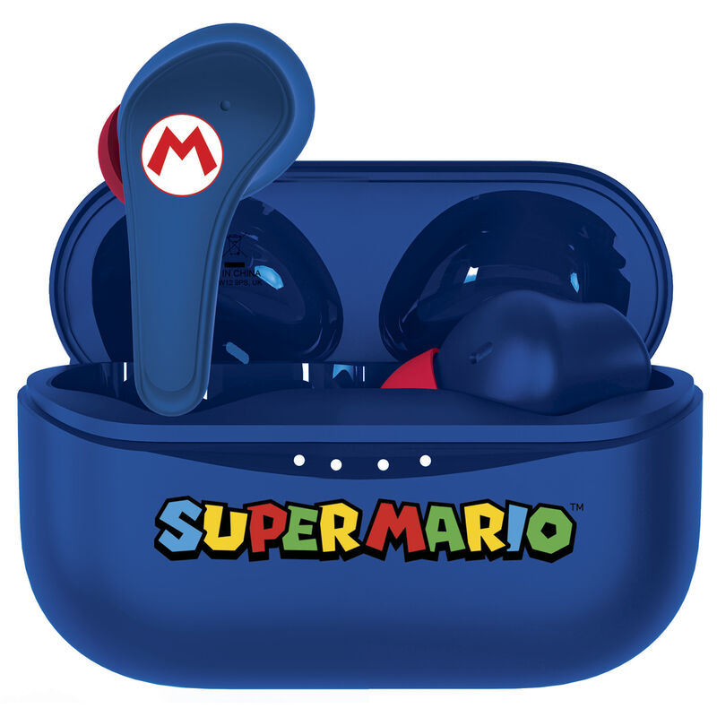 Super Mario ασύρματα ακουστικά μπλε θήκη πλάγια, ένα ακουστικό έξω, κόκκινο M logo, Super Mario logo