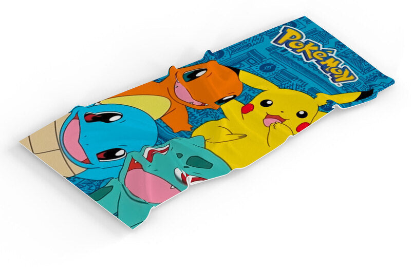 Παιδική πετσέτα θαλάσσης Pokémon με Charmander, Pikachu, Squirtle και Bulbasaur σε μπλε φόντο, κυματιστή